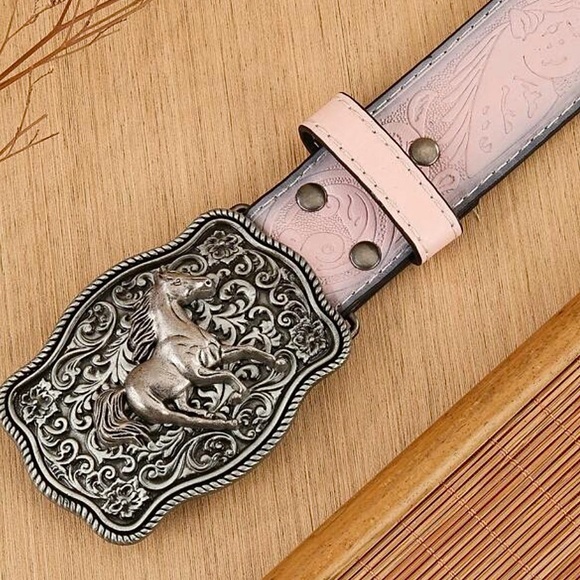 Country Girl western belt pink embossed faux leather retro horse buckle - Picture 9 of 11